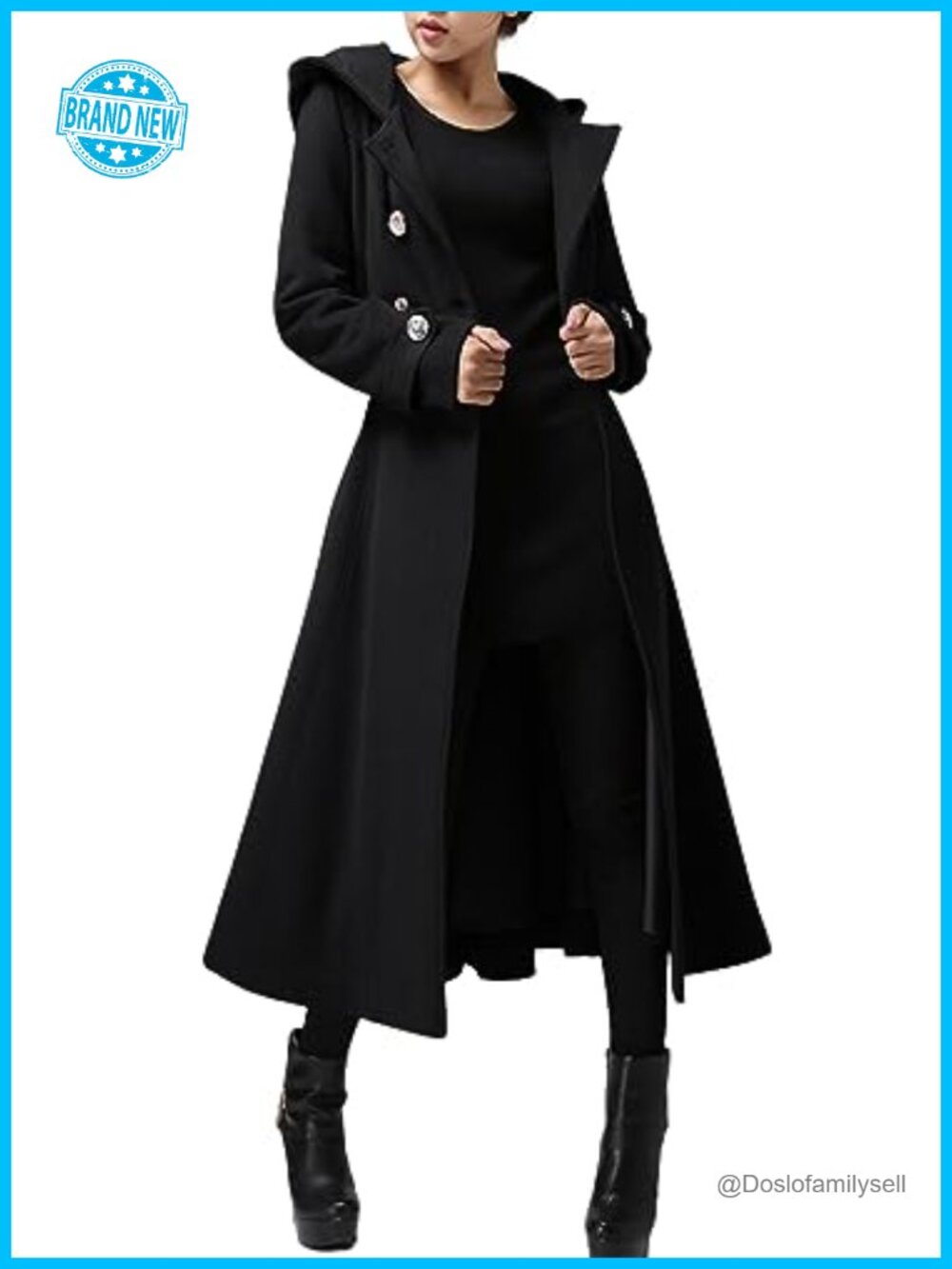 Long Double Breasted Hooded Wool Trench Coat Winter Overcoat